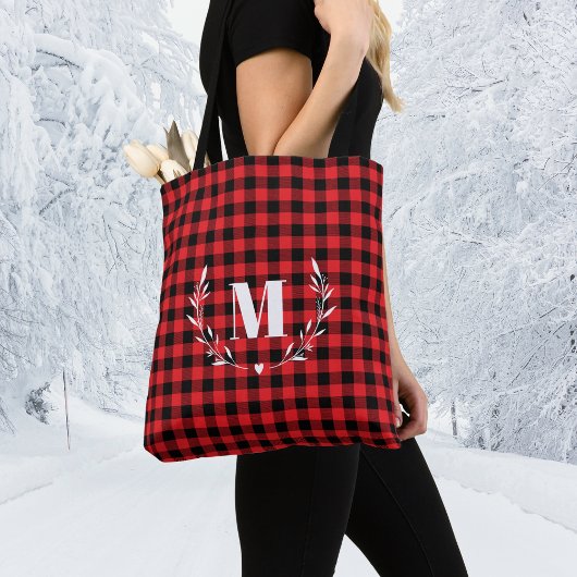 Rode Buffalo Plaid Monogram Kerstmis Tote Bag