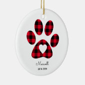 Rode Buffalo Plaid Pootafdruk Witte Hart Keramisch Ornament (Rechts)