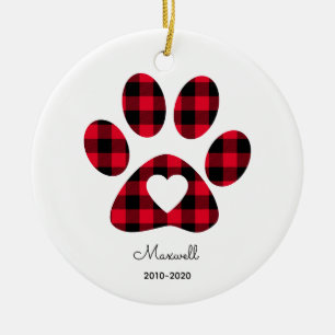 Rode Buffalo Plaid Pootafdruk Witte Hart Keramisch Ornament