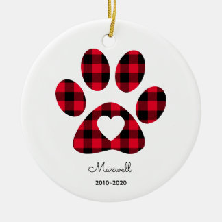 Rode Buffalo Plaid Pootafdruk Witte Hart Keramisch Ornament