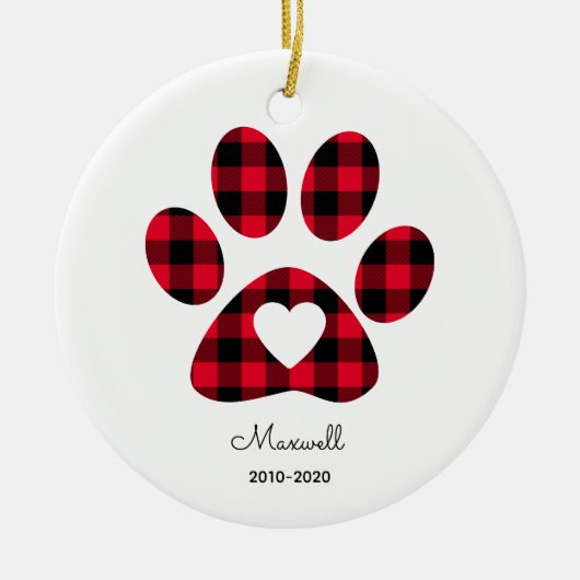 Rode Buffalo Plaid Pootafdruk Witte Hart Keramisch Ornament (Voorkant)