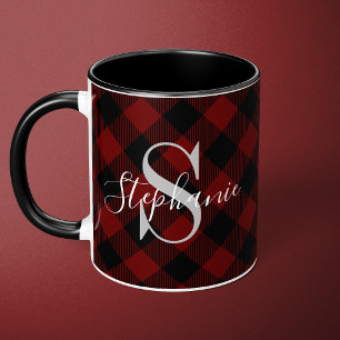 Rode Buffalo Plaid Rustieke Monogramnaam Mok