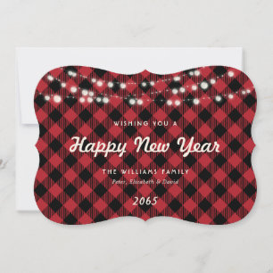 Rode Buffalo Plaid Slingerende Lichtjes Nieuwjaar  Feestdagenkaart