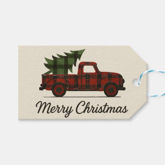 Rode Buffalo Plaid Vintage Vrachtwagen & Kerstboom Cadeaulabel
