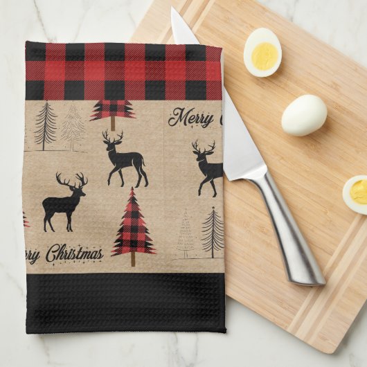 Rode Buffalo Plaid & Vrolijke Kerst Keuken Handdoe Theedoek (Quarter Fold)