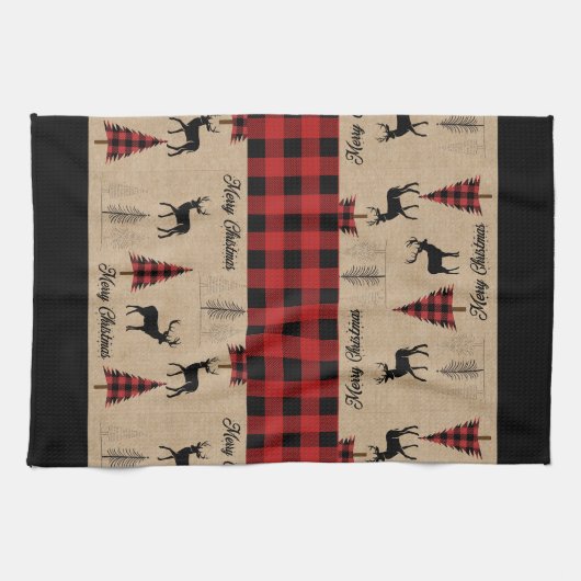 Rode Buffalo Plaid & Vrolijke Kerst Keuken Handdoe Theedoek (Horizontaal)