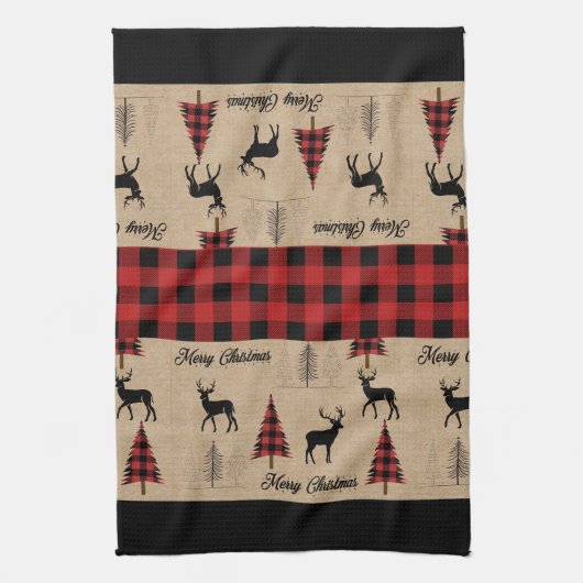 Rode Buffalo Plaid & Vrolijke Kerst Keuken Handdoe Theedoek (Verticaal)