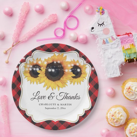 Rode Buffalo Plaid Zonnebloem Bloemen Huwelijk Papieren Bordje (Feest)