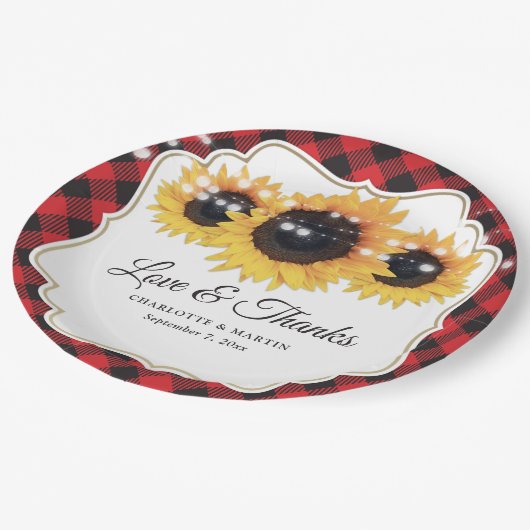 Rode Buffalo Plaid Zonnebloem Bloemen Huwelijk Papieren Bordje (Gekanteld)