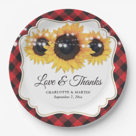 Rode Buffalo Plaid Zonnebloem Bloemen Huwelijk Papieren Bordje
