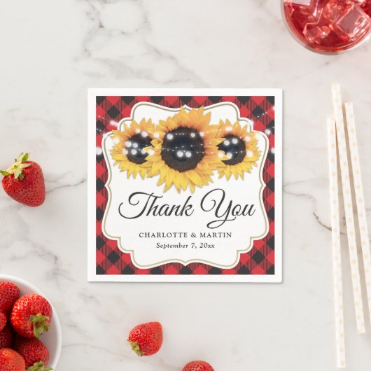 Rode Buffalo Plaid Zonnebloem bruiloft Servet (Insitu)