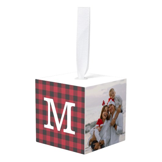 Rode Buffel Check geruite Familie Foto Kerstmis Decoratie (Voorkant hoekig)