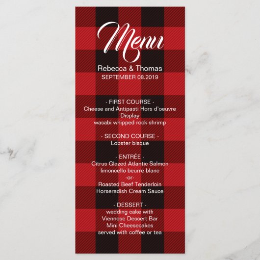 Rode buffel geruite rustieke winter bruiloft menu (Voorkant)