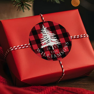 Rode buffel geruite witte bos dennenboom familie ronde sticker