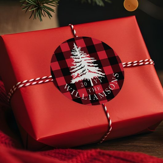 Rode buffel geruite witte bos dennenboom familie ronde sticker