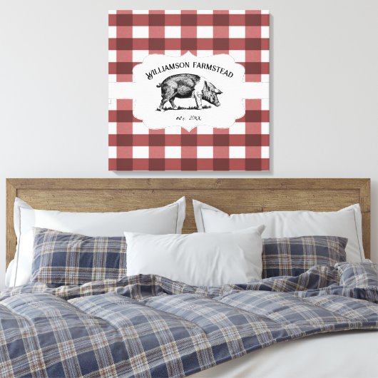Rode Buffel Plaid Boerderij Varken Canvas Print (Insitu (Slaapkamer))