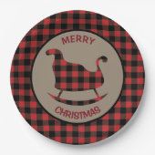 Rode Buffel Plaid Border Kerstslee Papieren Bordje (Voorkant)