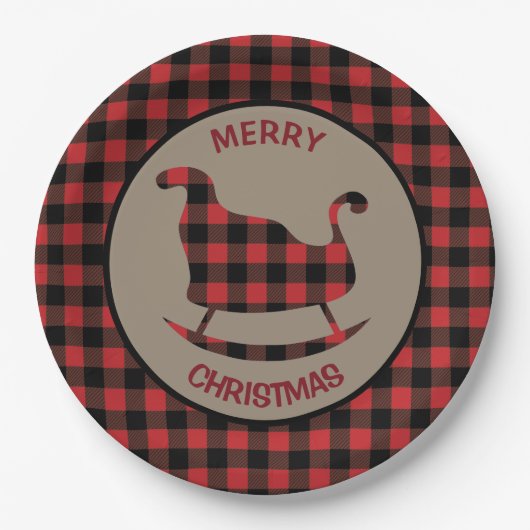 Rode Buffel Plaid Border Kerstslee Papieren Bordje (Voorkant)