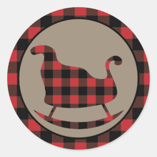 Rode Buffel Plaid Border Kerstslee Ronde Sticker