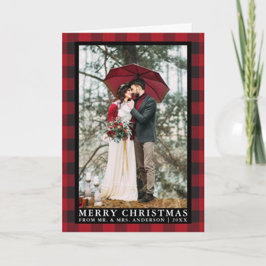 Rode Buffel Plaid Bruiloft Foto Kerst Vouw Feestdagen Kaart (Voorkant)