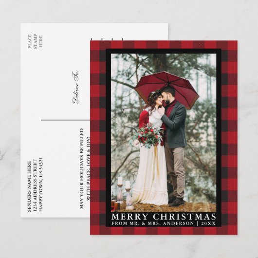 Rode Buffel Plaid Bruiloft Foto Vrolijk Kerstfeest Briefkaart (Voorkant / Achterkant)