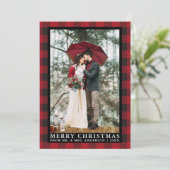 Rode Buffel Plaid Bruiloft Foto Vrolijk Kerstfeest Feestdagenkaart (Staand voorkant)