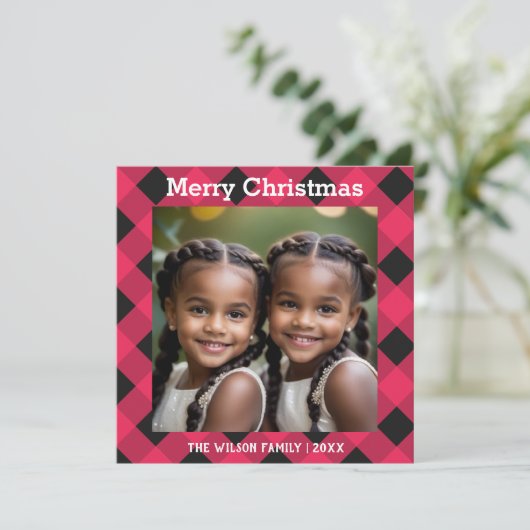 Rode Buffel Plaid Check Foto Kerstflat Feestdagenkaart (Staand voorkant)