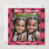 Rode Buffel Plaid Check Foto Kerstflat Feestdagenkaart (Voorkant)