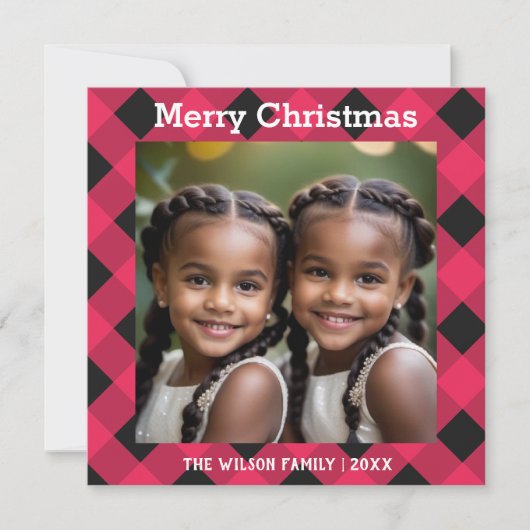 Rode Buffel Plaid Check Foto Kerstflat Feestdagenkaart (Voorkant)