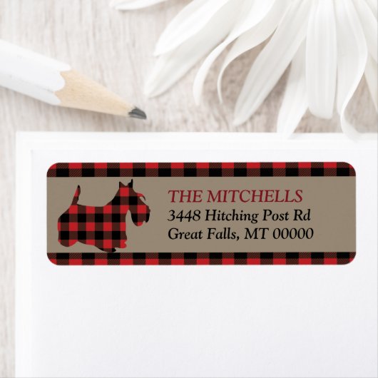 Rode Buffel Plaid Grens Schotse Terriër Etiket (Insitu)
