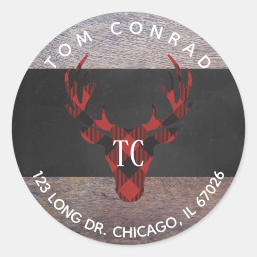 Rode Buffel Plaid Herten Hoofd Monogram Adreslabel Ronde Sticker (Voorkant)