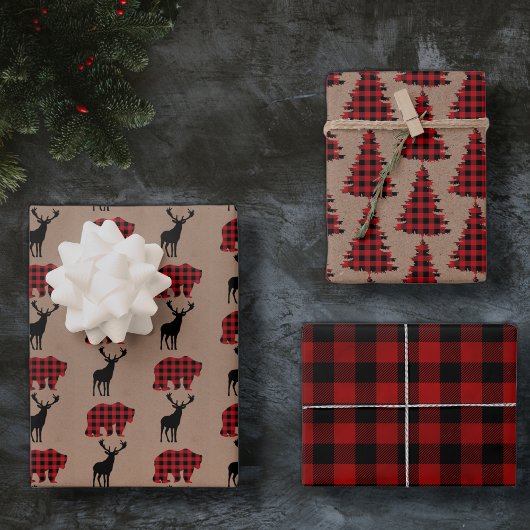 Rode buffel plaid + kraft bos kerstcadeau inpakpapier vel