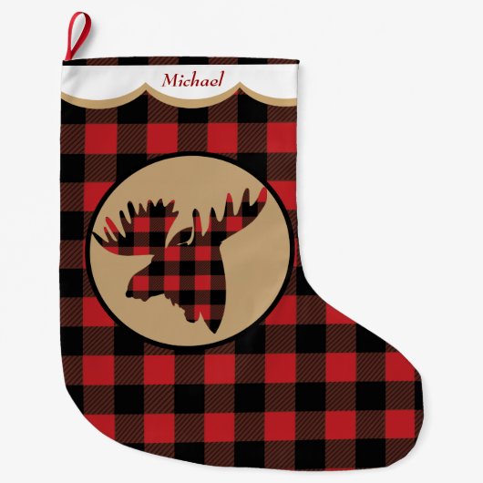 Rode Buffel Plaid Moose Head Gepersonaliseerd Grote Kerstsok (Voorkant)