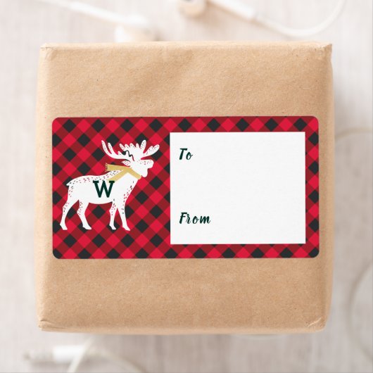 Rode Buffel Plaid Moose Monogram Kerst Etiket (Insitu)