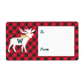 Rode Buffel Plaid Moose Monogram Kerst Etiket (Voorkant)