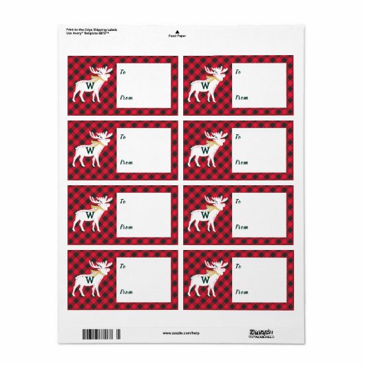 Rode Buffel Plaid Moose Monogram Kerst Etiket (Full Sheet)