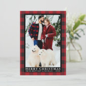 Rode Buffel Plaid Paar Foto Vrolijk Kerstfeest Feestdagenkaart (Staand voorkant)