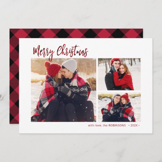 Rode Buffel Plaid Rustic 3 Multi Photo Christmas Feestdagenkaart (Voorkant / Achterkant)