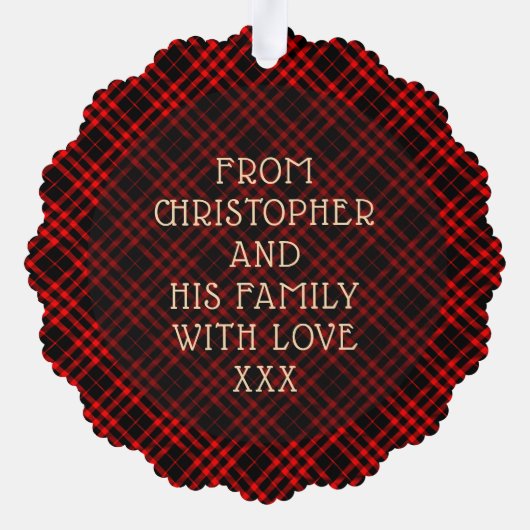 Rode Buffel Plaid & Sterren Vrolijk Kerstrustiek Ornament Kaart (Achterkant)