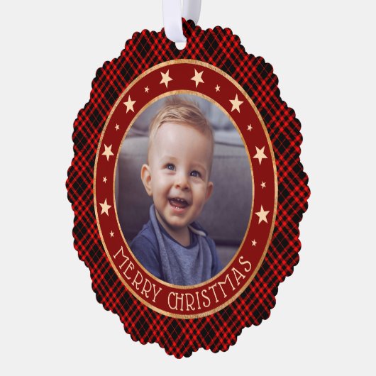 Rode Buffel Plaid & Sterren Vrolijk Kerstrustiek Ornament Kaart (Links)