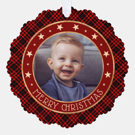 Rode Buffel Plaid & Sterren Vrolijk Kerstrustiek Ornament Kaart (Voorkant)