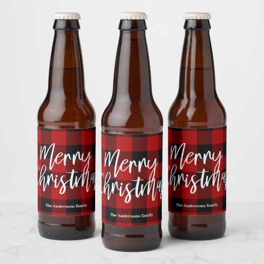 Rode Buffel Plaid & Vrolijk Kerstfeest |Persoonlij Bier Etiket (Flessen)