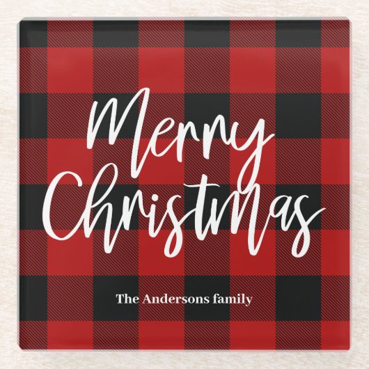 Rode Buffel Plaid & Vrolijk Kerstfeest |Persoonlij Glazen Onderzetter (Voorkant)
