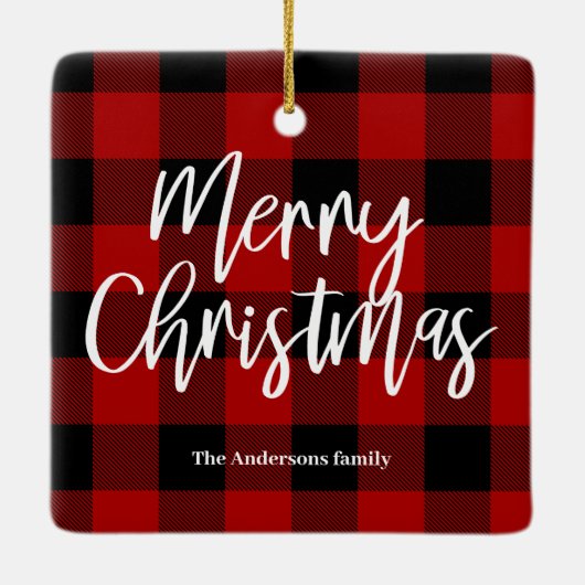 Rode Buffel Plaid & Vrolijk Kerstfeest |Persoonlij Keramisch Ornament (Achterkant)