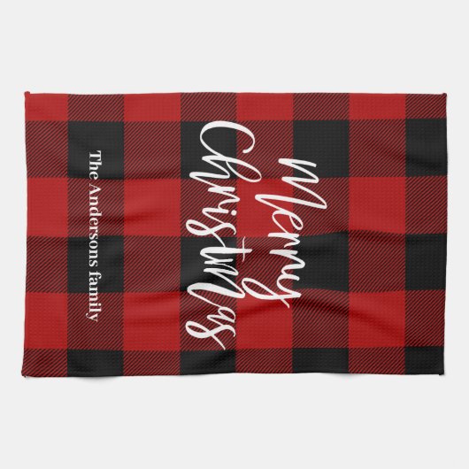 Rode Buffel Plaid & Vrolijk Kerstfeest |Persoonlij Theedoek (Horizontaal)