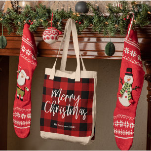 Rode Buffel Plaid & Vrolijk Kerstfeest  Persoonlij Tote Bag
