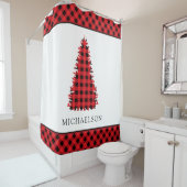 Rode Buffel Rustieke Plaid Kerstboom Douchegordijn (In situ)