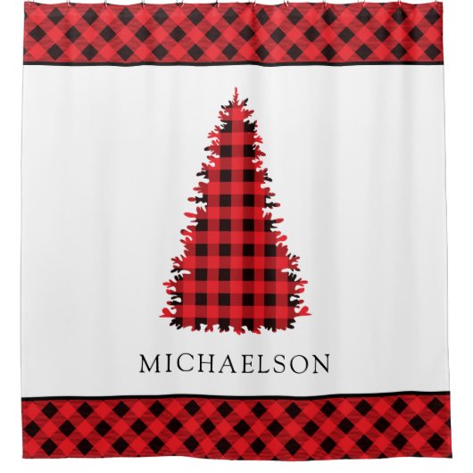 Rode Buffel Rustieke Plaid Kerstboom Douchegordijn (Voorkant)