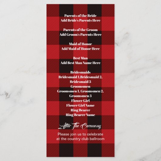 rode buffelplaid rustische winter bruiloft program programmakaart (Achterkant)