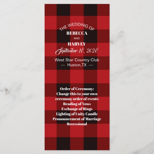 rode buffelplaid rustische winter bruiloft program programmakaart (Voorkant)